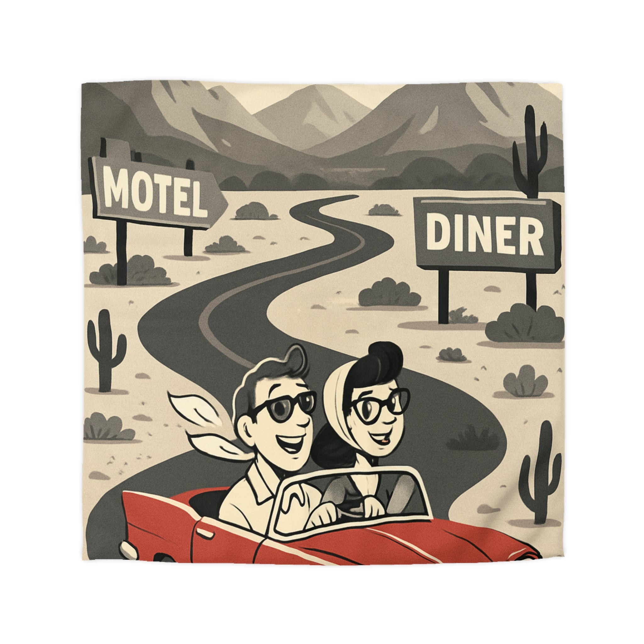 Housse de Couette Vintage Route 66: Motif Rétro Voiture Rouge Montagnes Désertiques