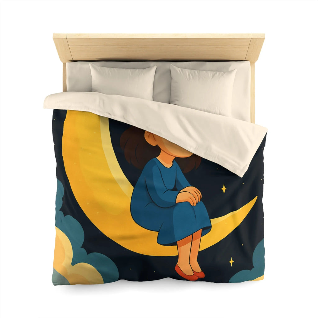 Housse de couette avec lune jaune, ciel étoilé et fille pensive en bleu