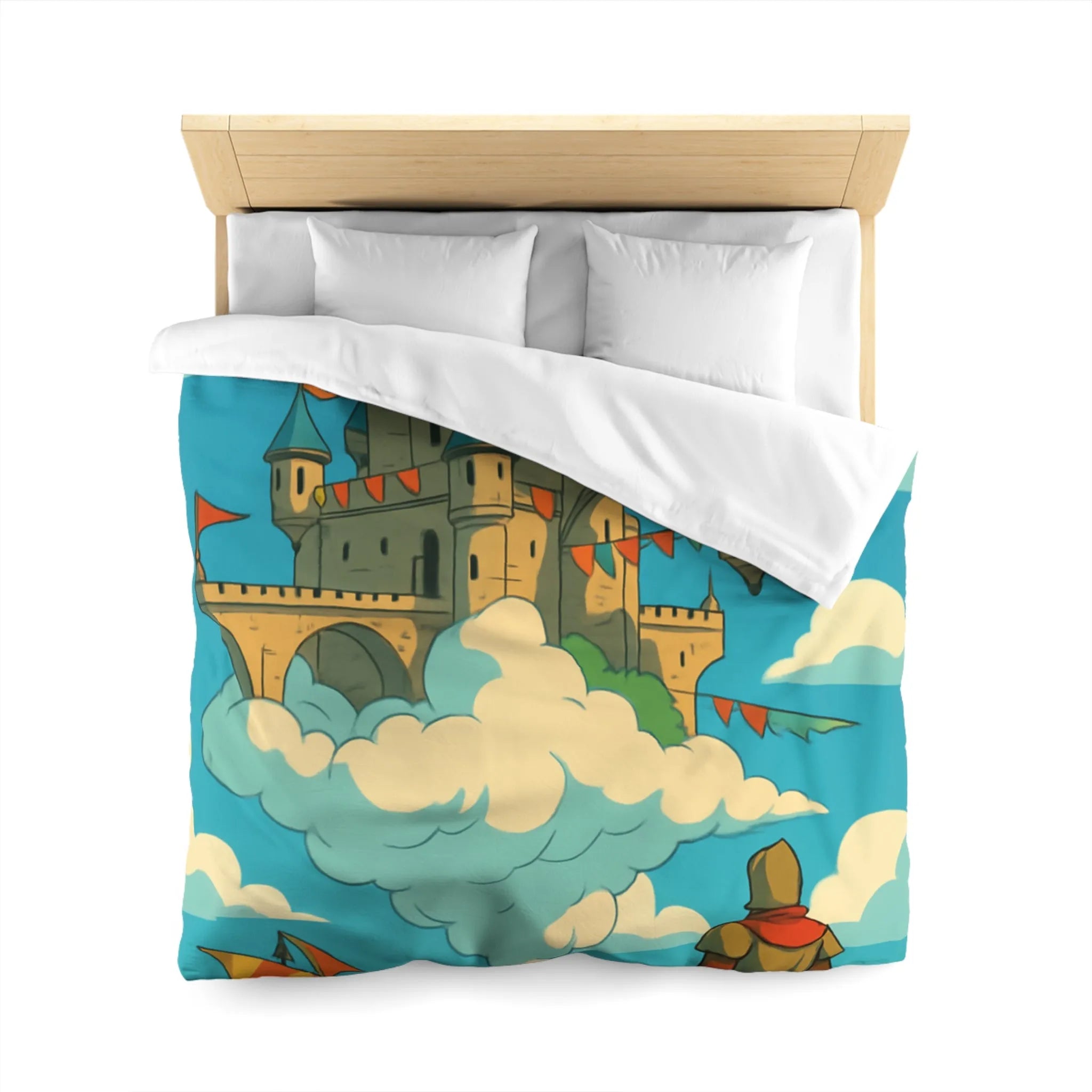 Housse de couette avec château flottant dans le ciel, style fantaisie aventure.