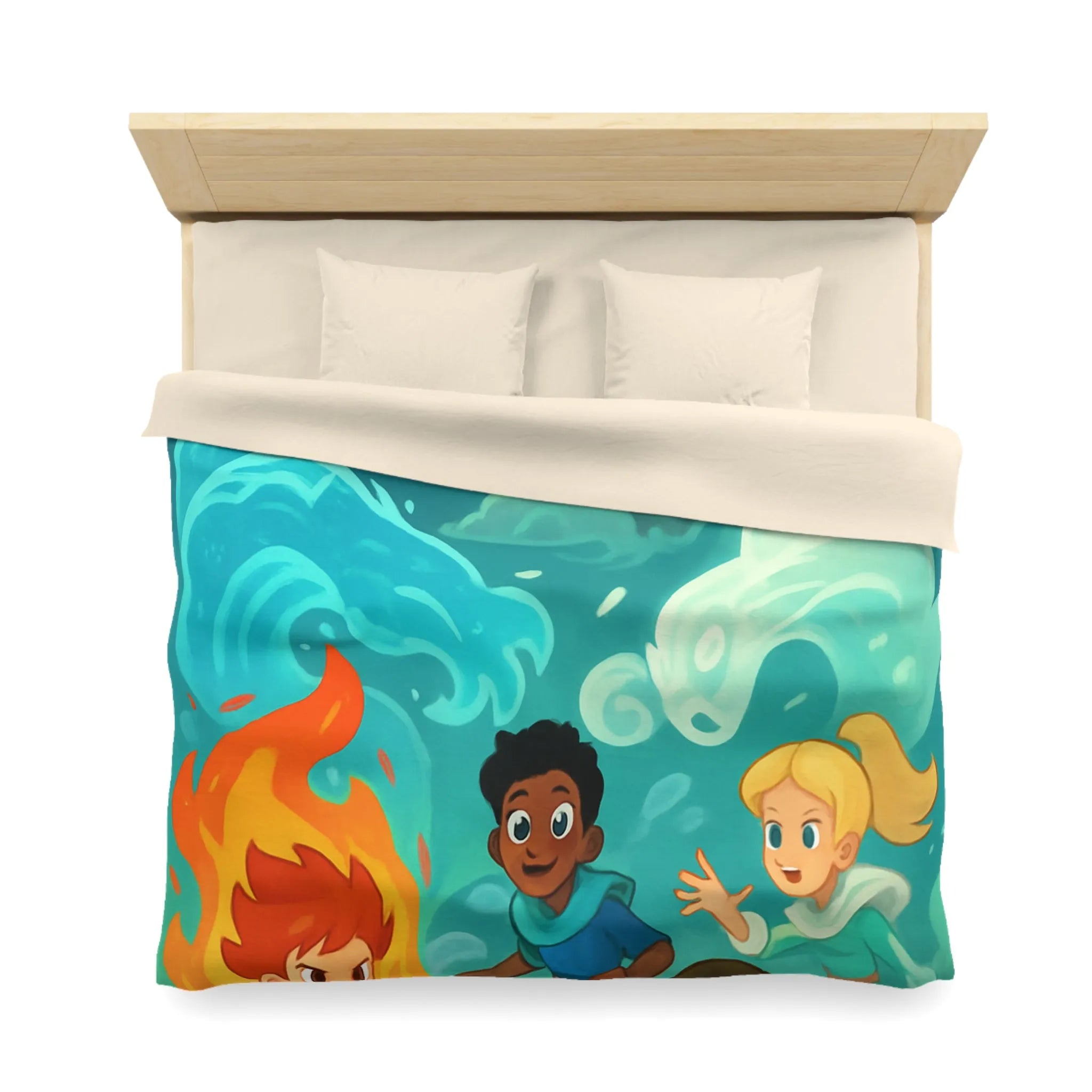Housse de couette avec illustration de jeunes héros des éléments devant un château magique