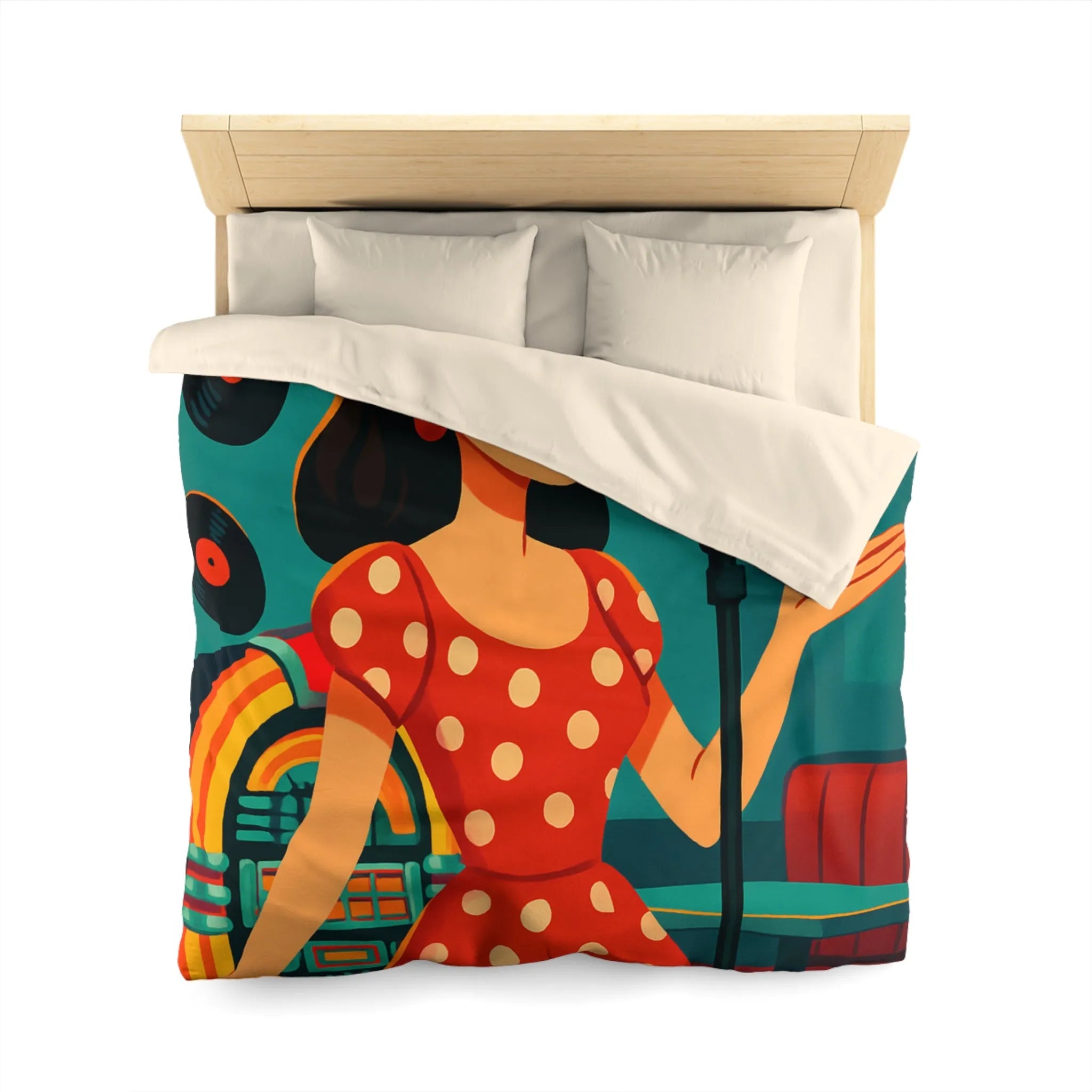 Élégante housse de couette rétro vintage style diner avec chanteuse et disques vinyles colorés