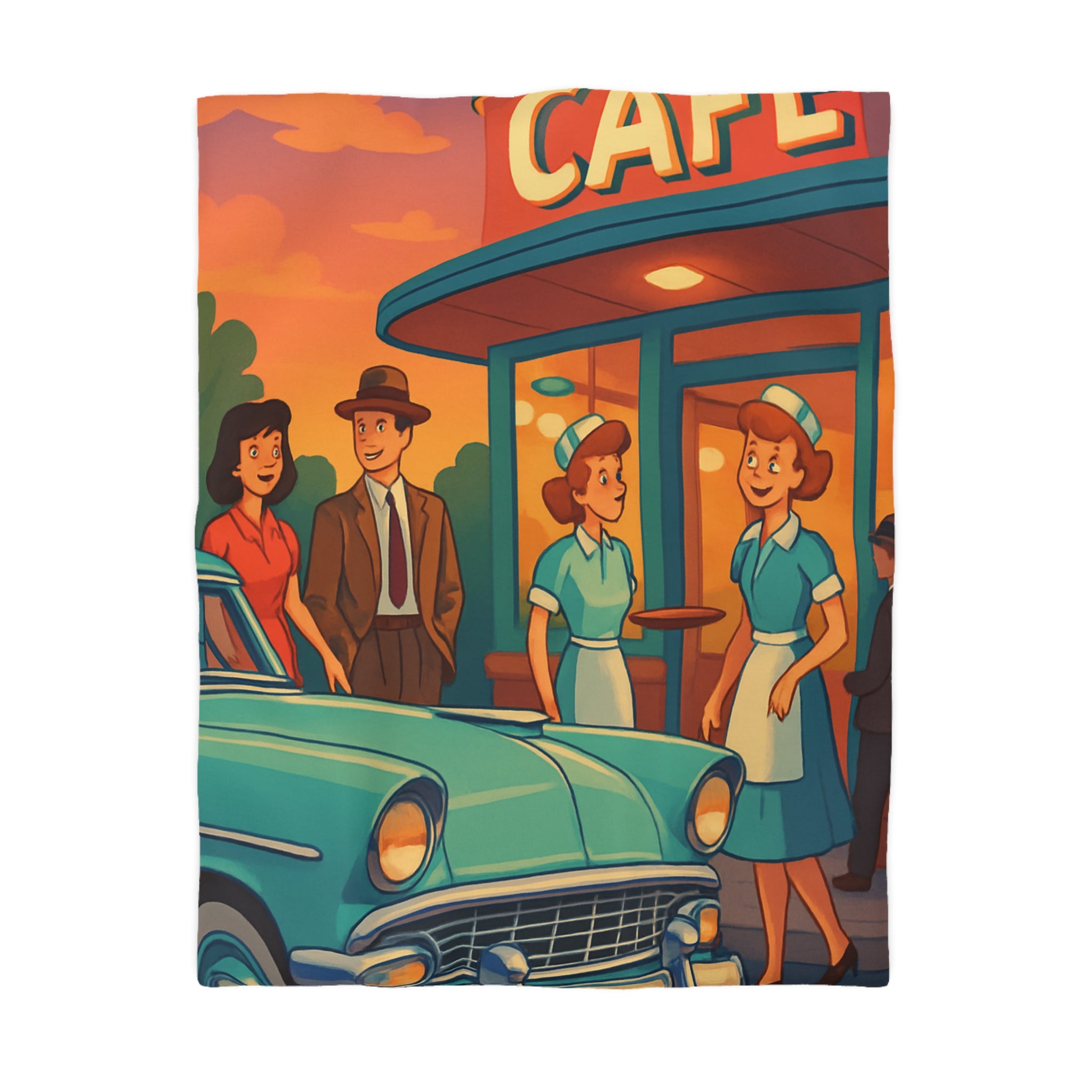 Housse de couette rétro avec illustration de café américain et voiture vintage