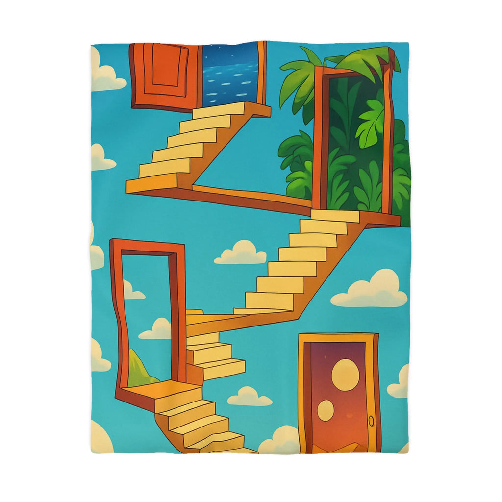 Housse de couette avec escaliers infinis et paysage surréaliste, ciel étoilé