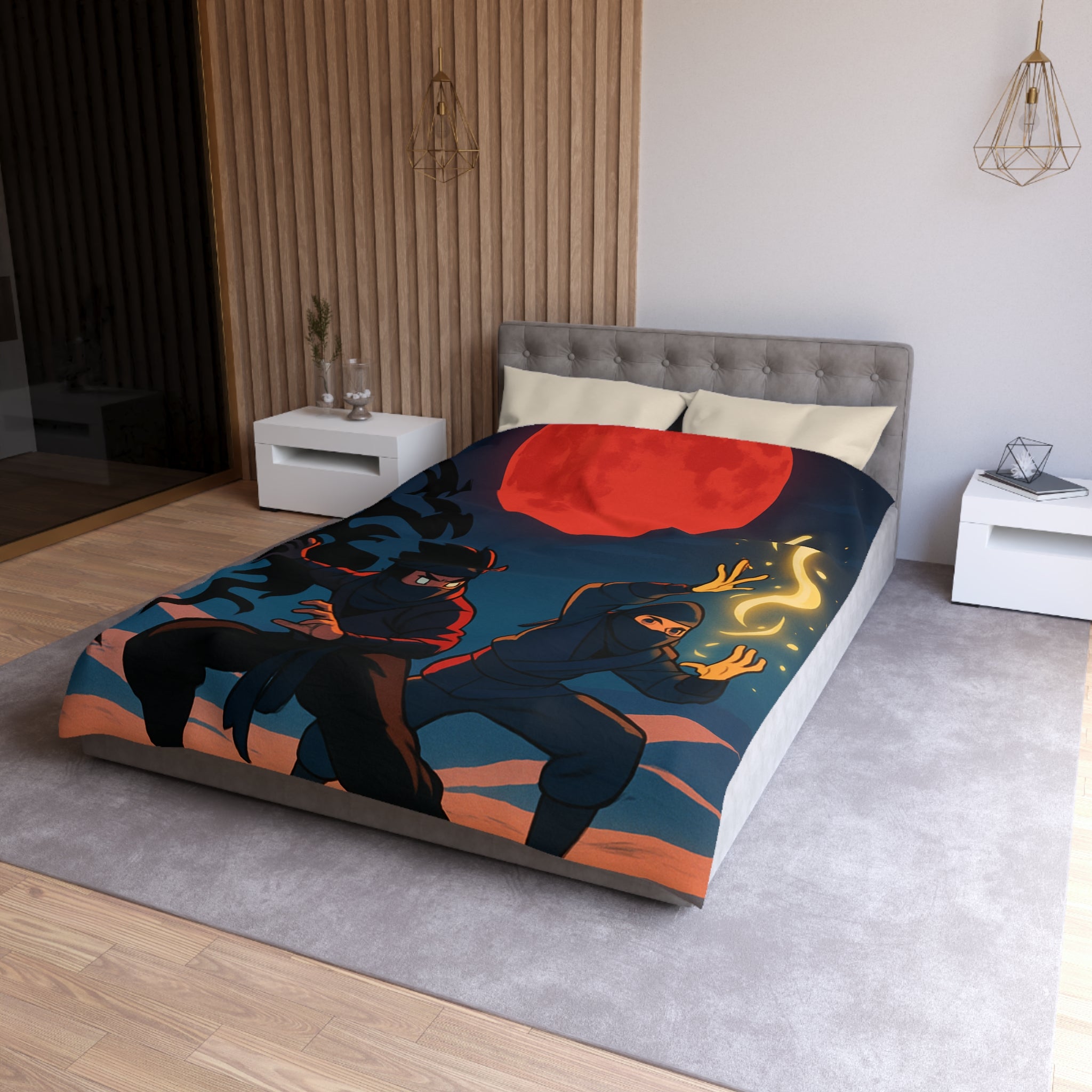 Housse de Couette Ninja avec Lune Rouge et Pouvoirs Mystiques en Fond Sombre
