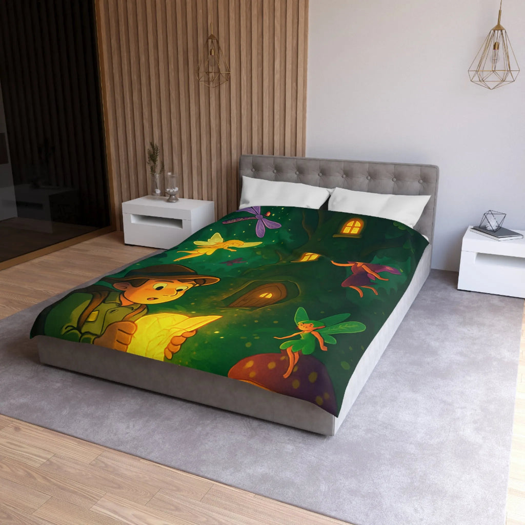 Housse de couette féerique forestière avec garçon aventurier et fées lumineuses