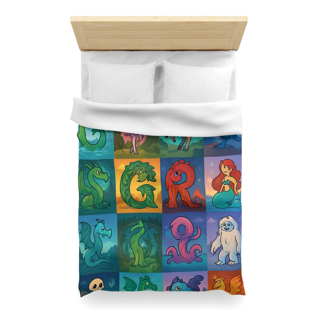 Housse de couette enchantée avec lettres magiques et créatures mythiques colorées