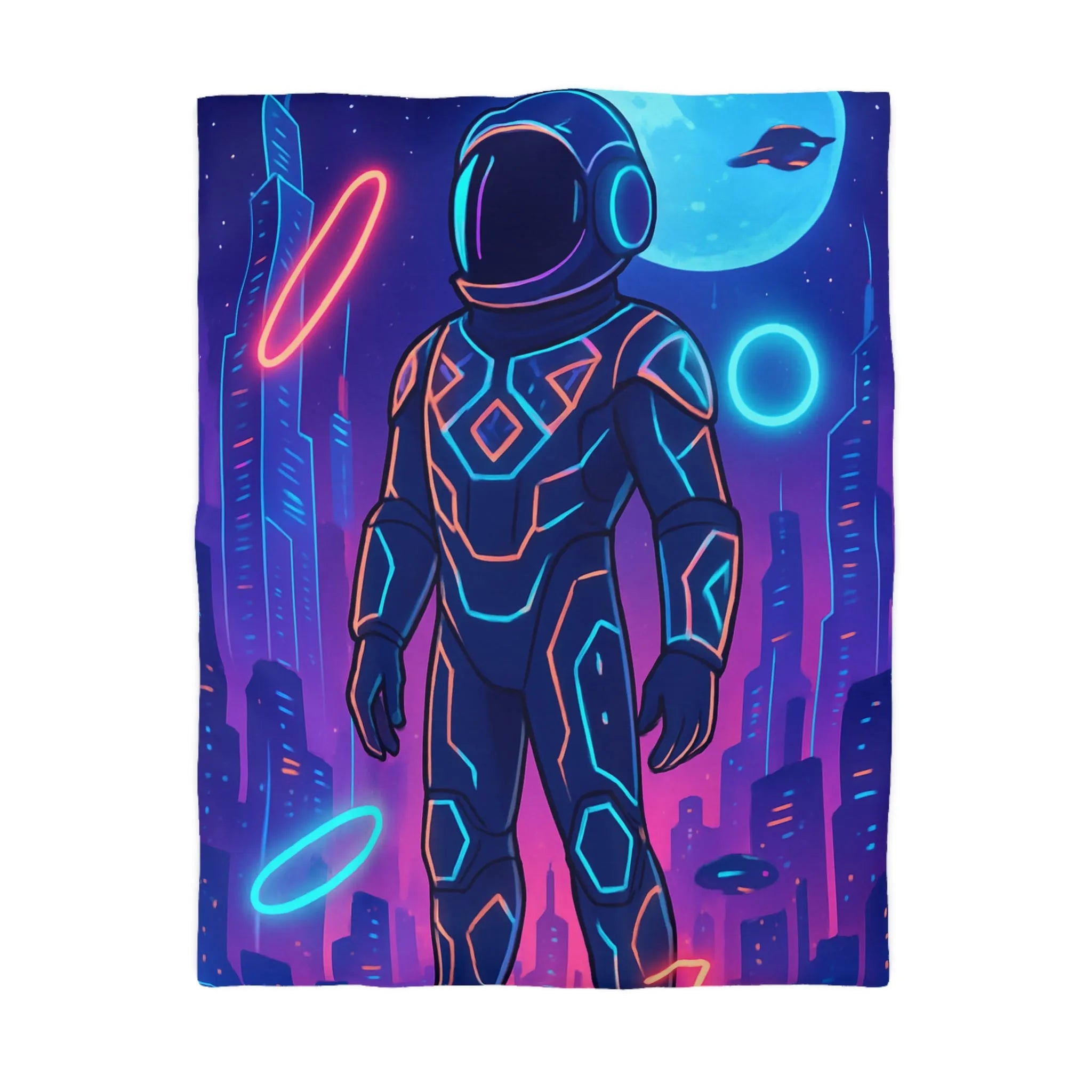 Housse de couette avec astronaute néon, skyline futuriste et vaisseaux spatiaux