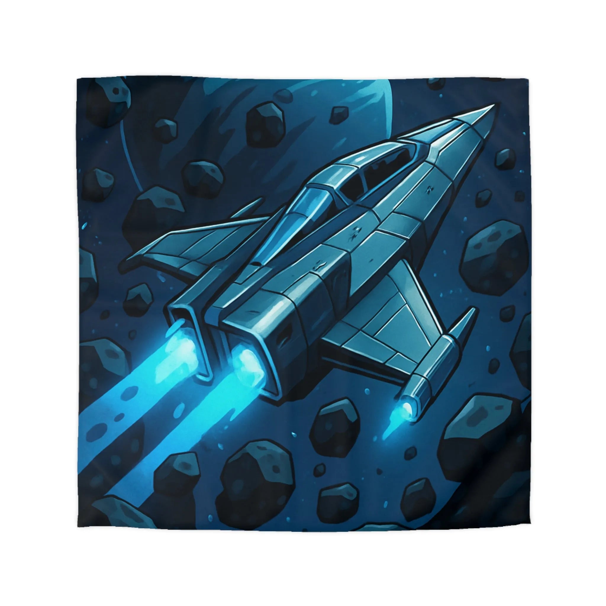 Housse de couette imprimée vaisseau spatial bleu voyageant à travers un champ d'astéroïdes