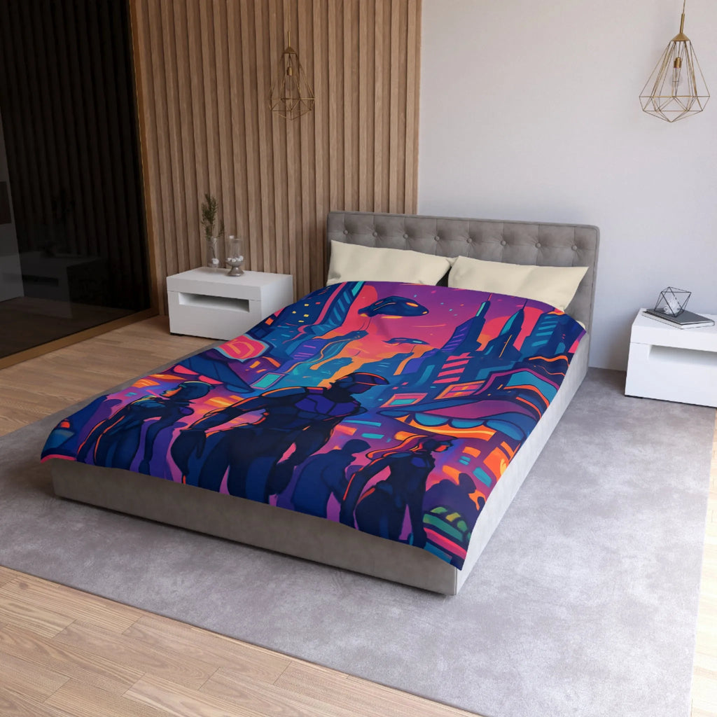 Housse de couette futuriste avec skyline néon et silhouettes urbaines nocturnes modernes