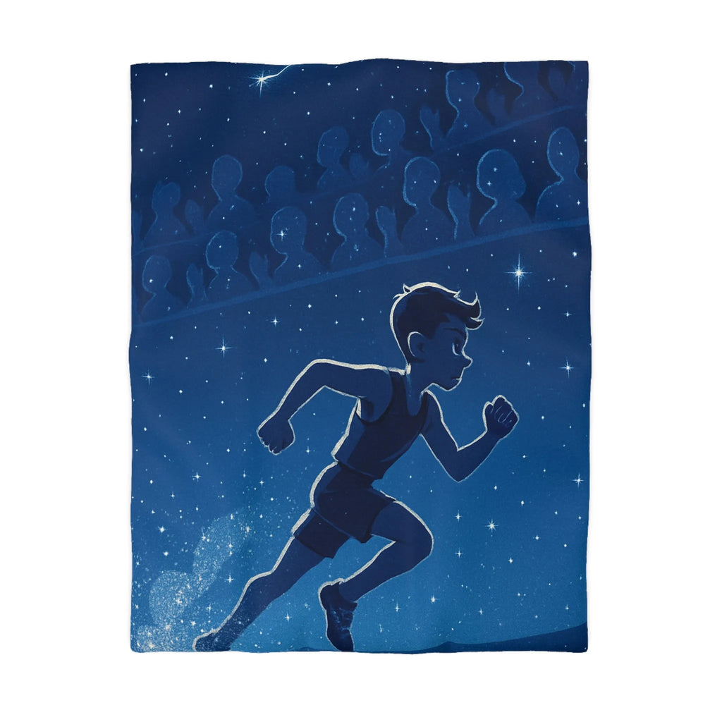 Housse de couette bleue nuit avec silhouette d'enfant courant sous ciel étoilé