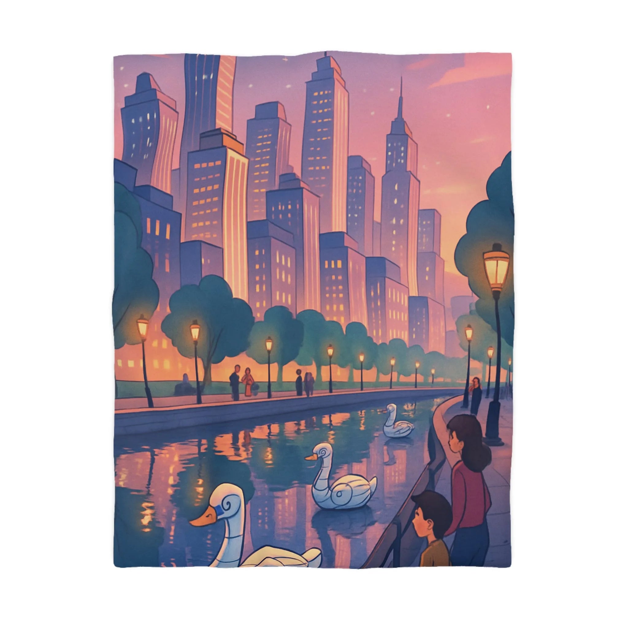 Housse de couette illustrée avec cygnes et skyline urbaine au coucher du soleil