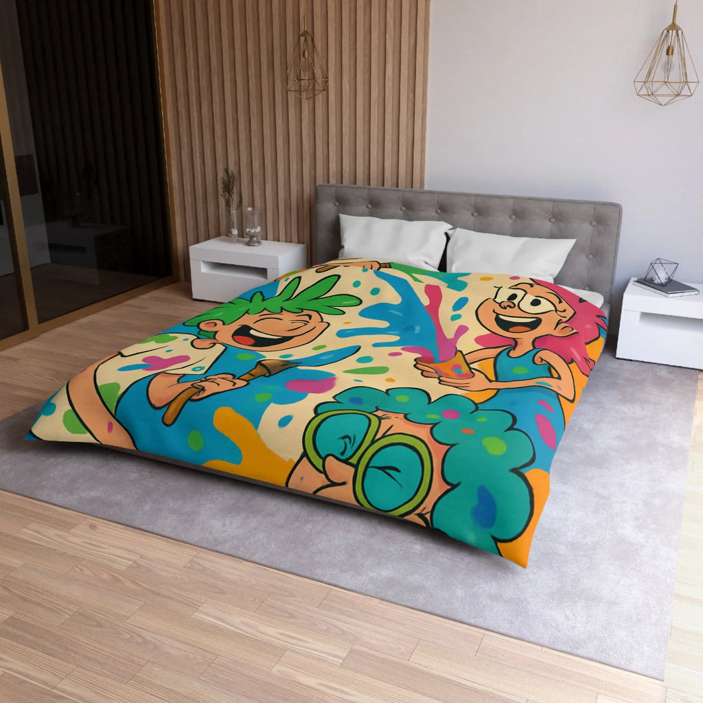 Housse de couette colorée pour enfants avec personnages joyeux et éclaboussures de peinture