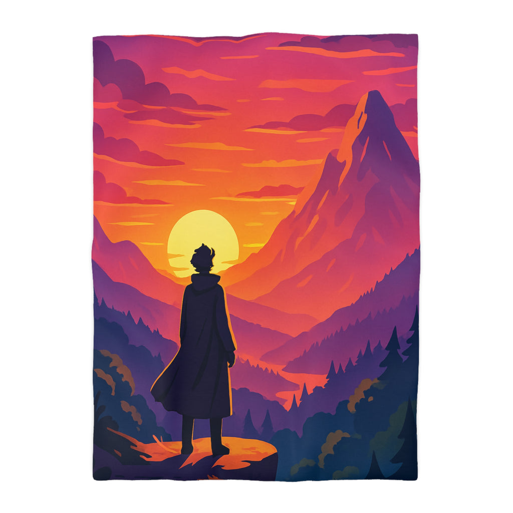 Housse de couette montagnes coucher de soleil silhouette homme paysage artistique vibrant
