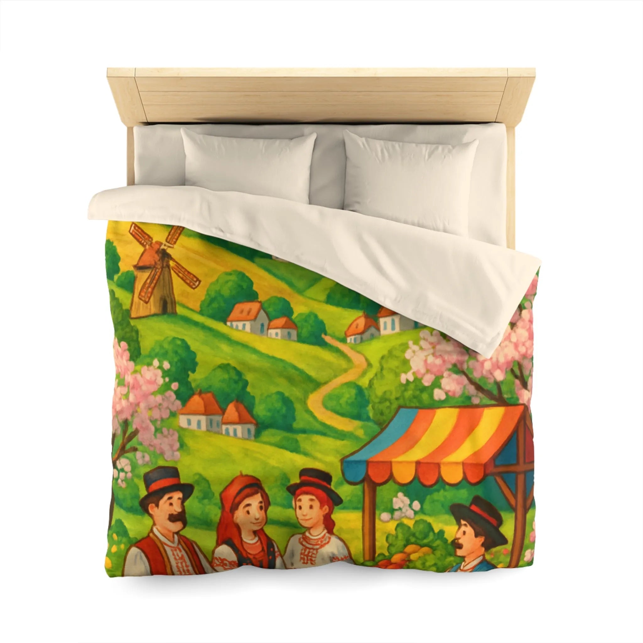 Housse de couette avec village champêtre, moulins et marché aux couleurs vives