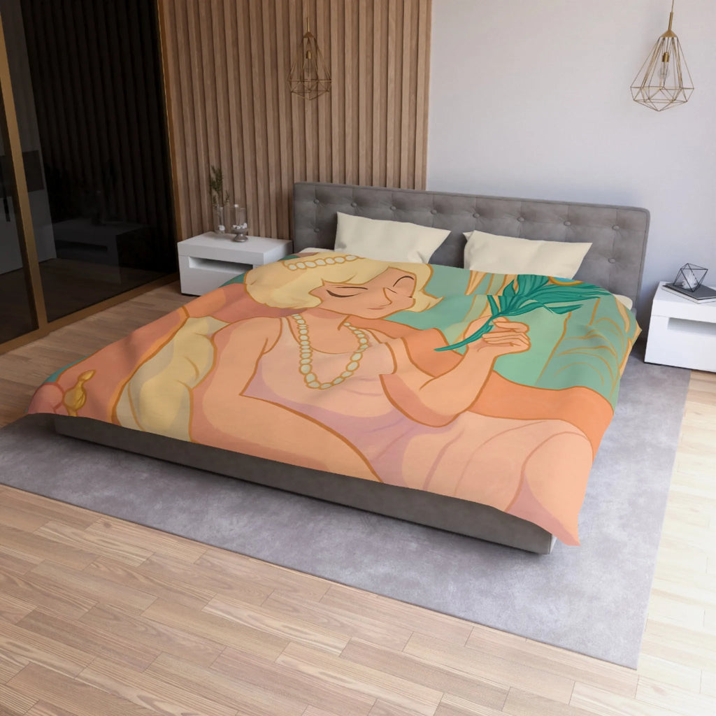 Élégance Art Déco : Femme avec Plume de Paon et Flacons de Parfum Pastels