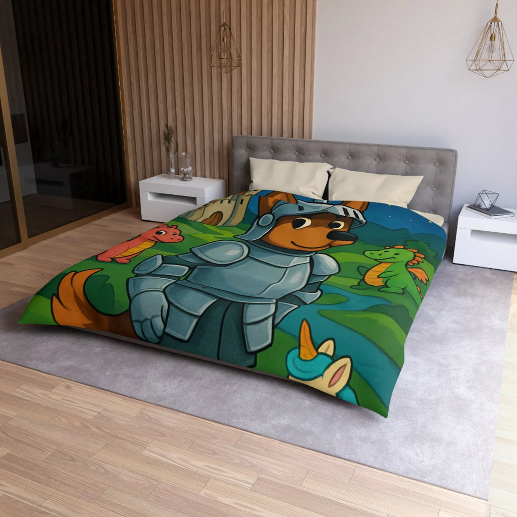Housse de couette enfant chevalier courageux avec dragon et licorne fantastiques