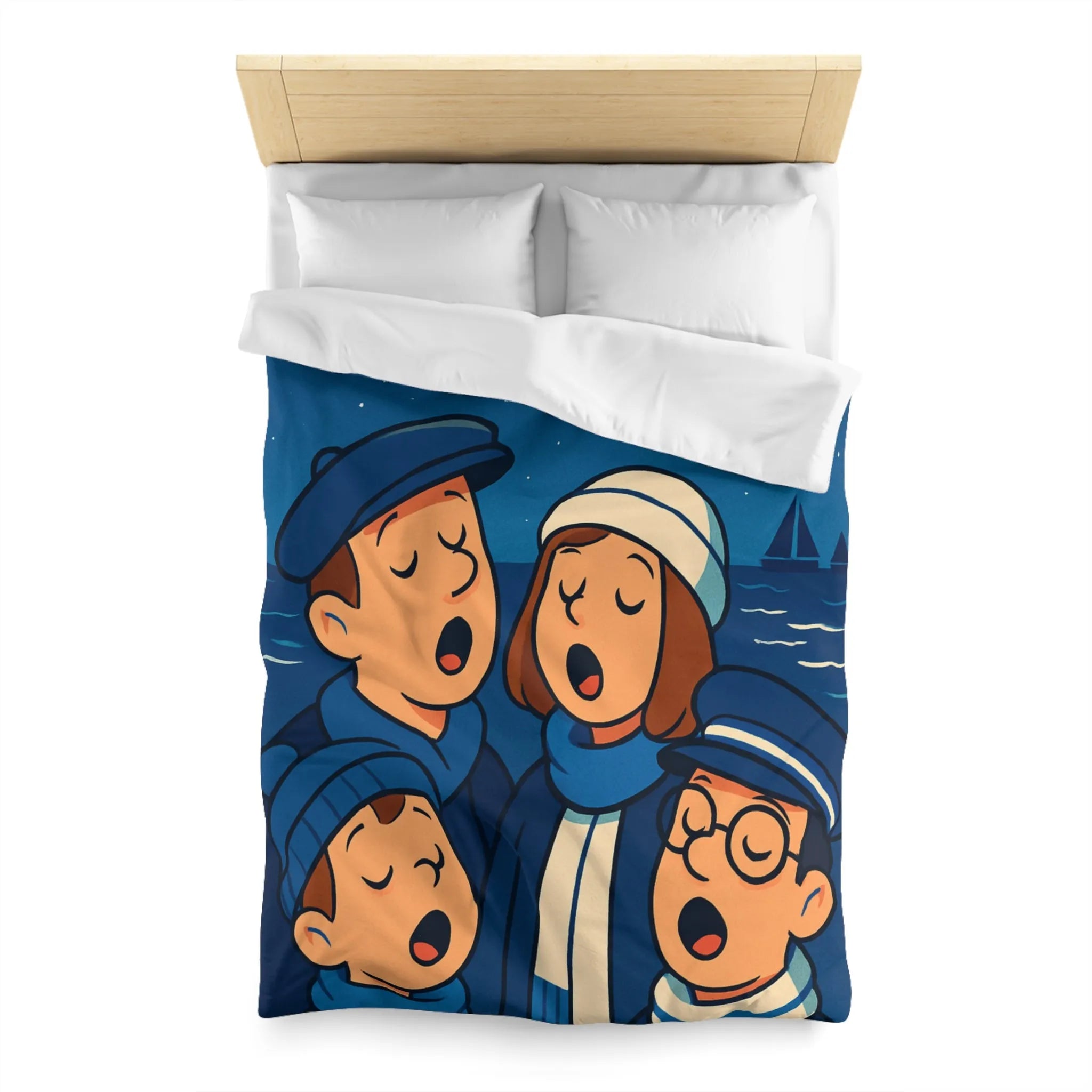 Housse de couette avec illustration nautique vintage de chanteurs sous un ciel étoilé