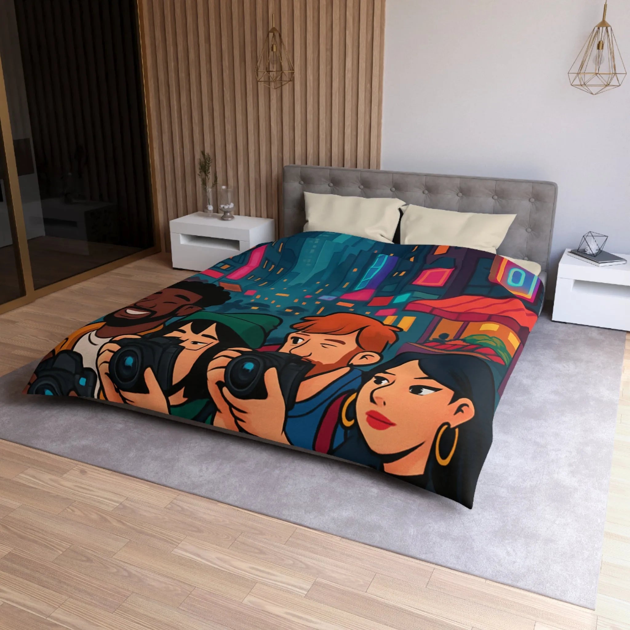 Housse de couette avec photographe urbain, design moderne et ambiance néon vibrante