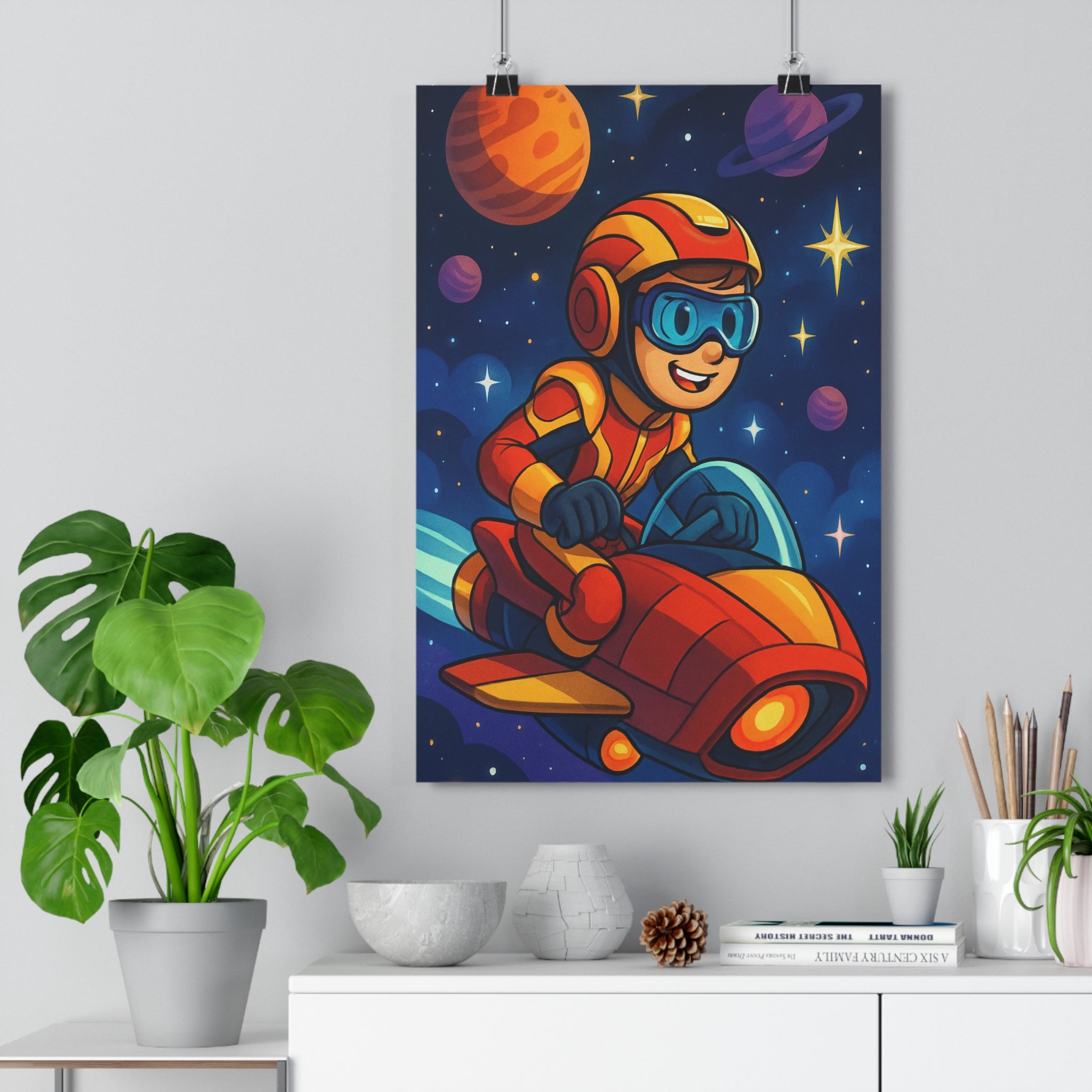 Poster décoratif cartoon orange rouge aventure espace enfant chambre sciencefiction joyeux coloré moderne stylé