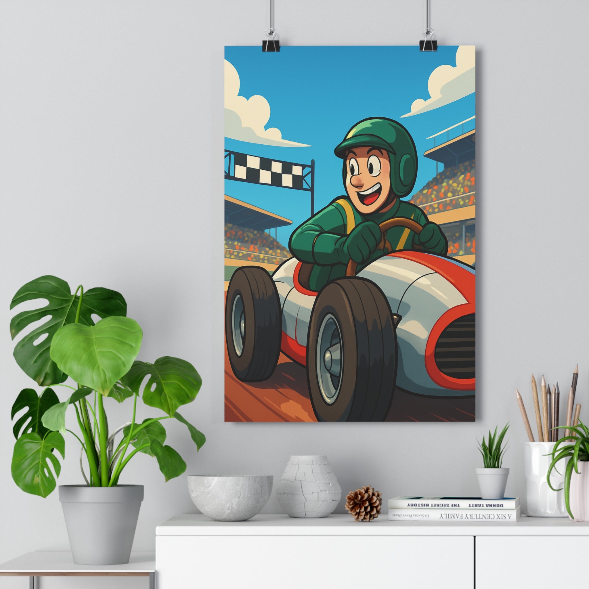 Poster décoratif course automobile rouge blanc cartoon joyeux chambre enfant énergie éclatant dynamique moderne