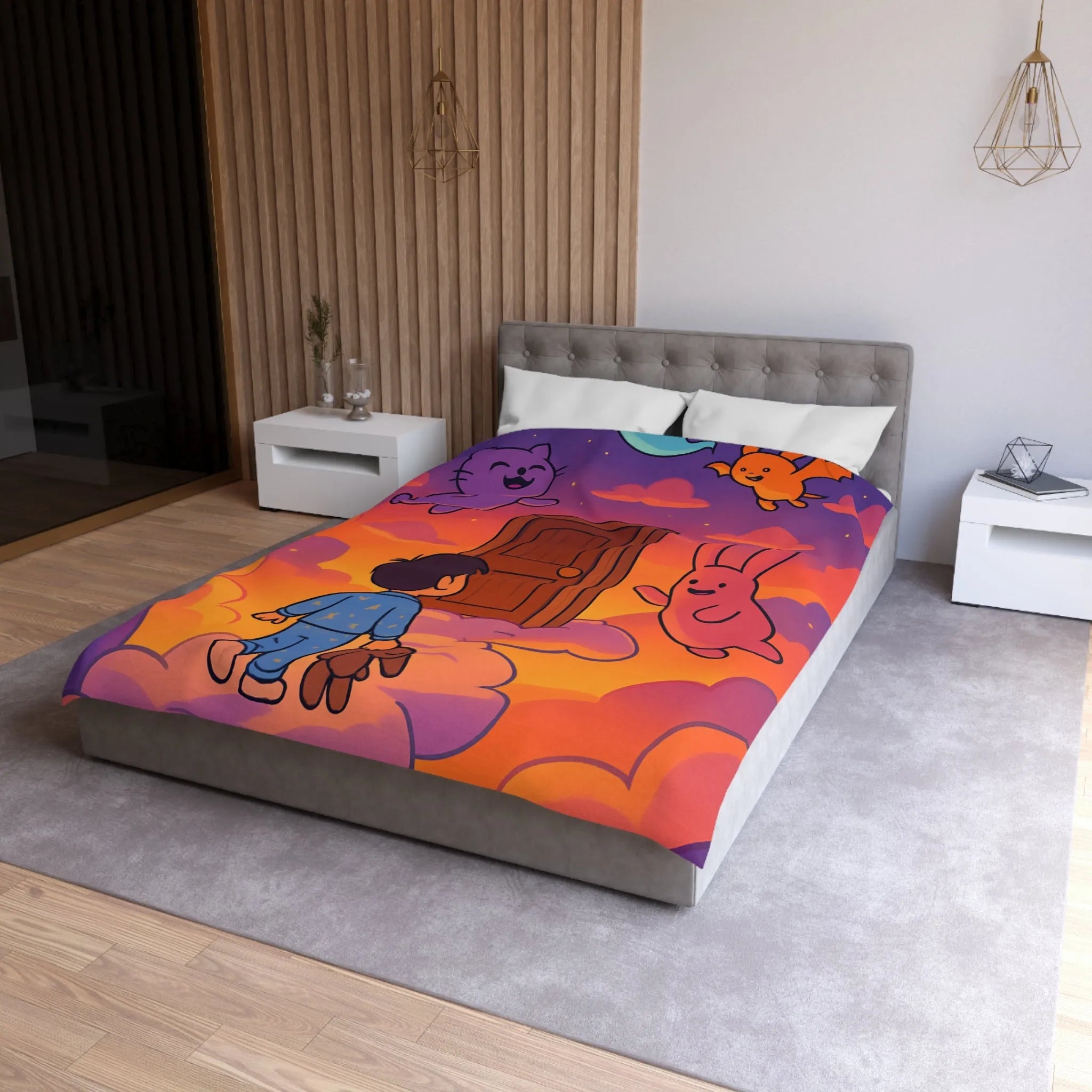 Housse de couette enfants : rêves colorés avec nuages et créatures magiques amusantes