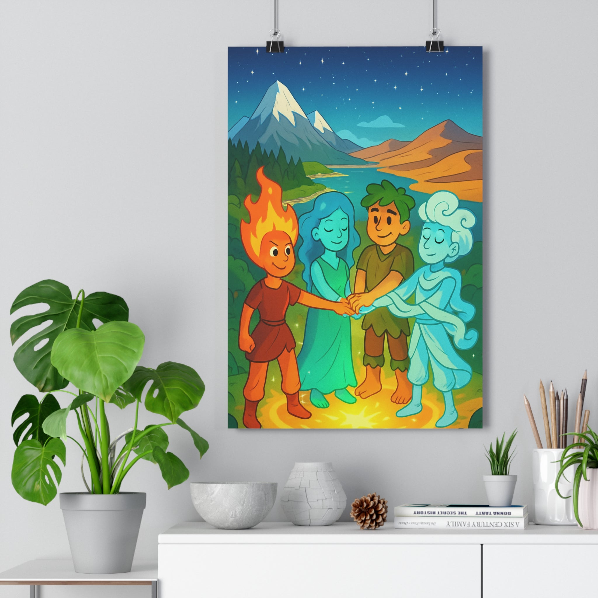 Poster décoratif fantastique anime feu terre eau air magique couleurs vives chambre salon harmonieux