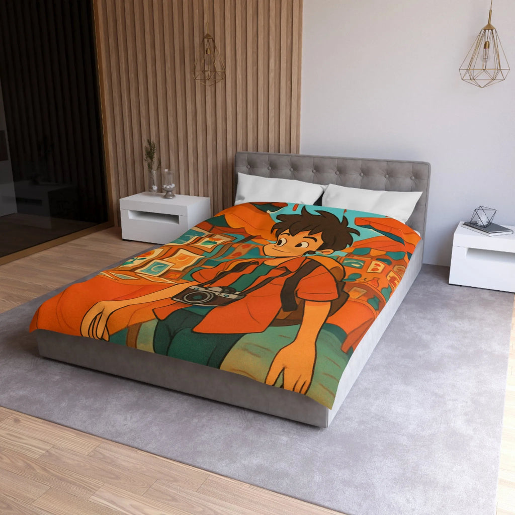 Housse de couette animée avec jeune explorateur et marché aux lanternes colorées