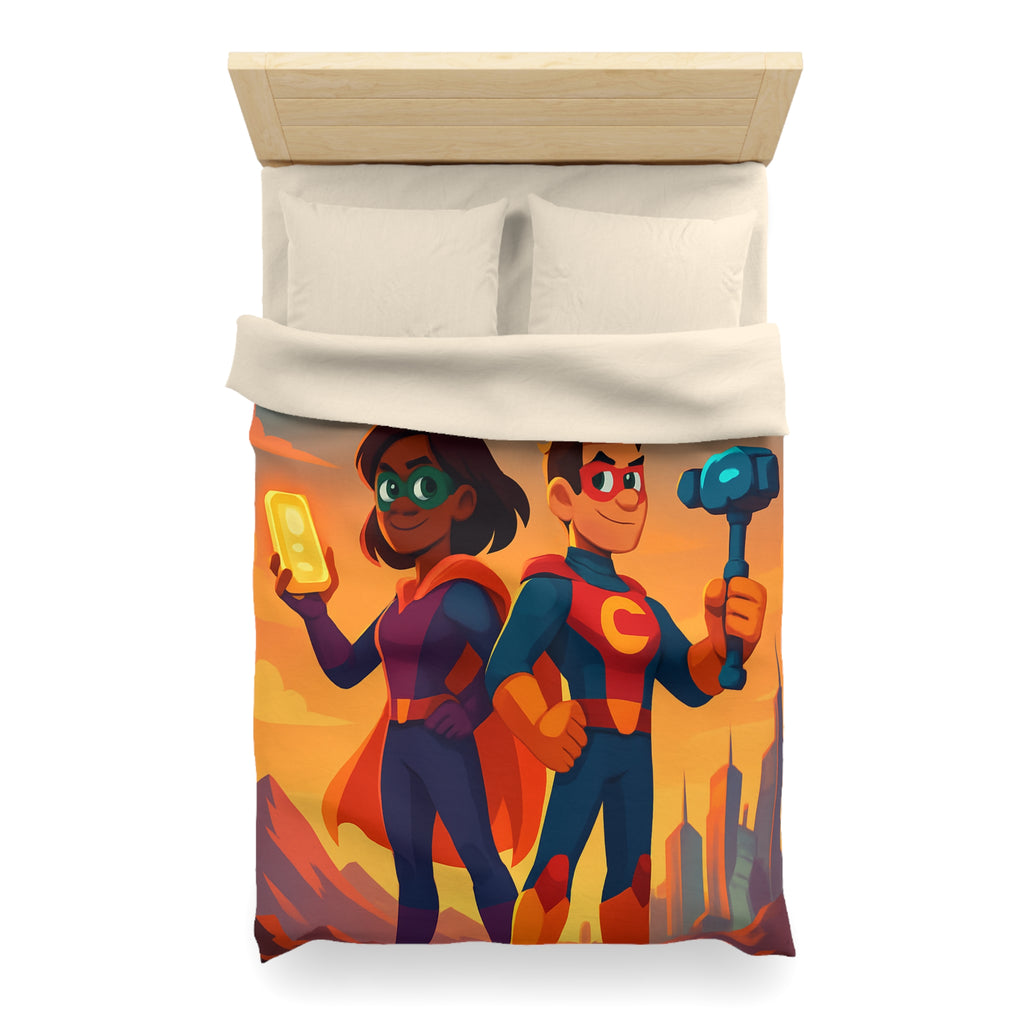 Super-héros Enfantins avec Drones dans Paysage Urbain Coloré Crépusculaire Illustré