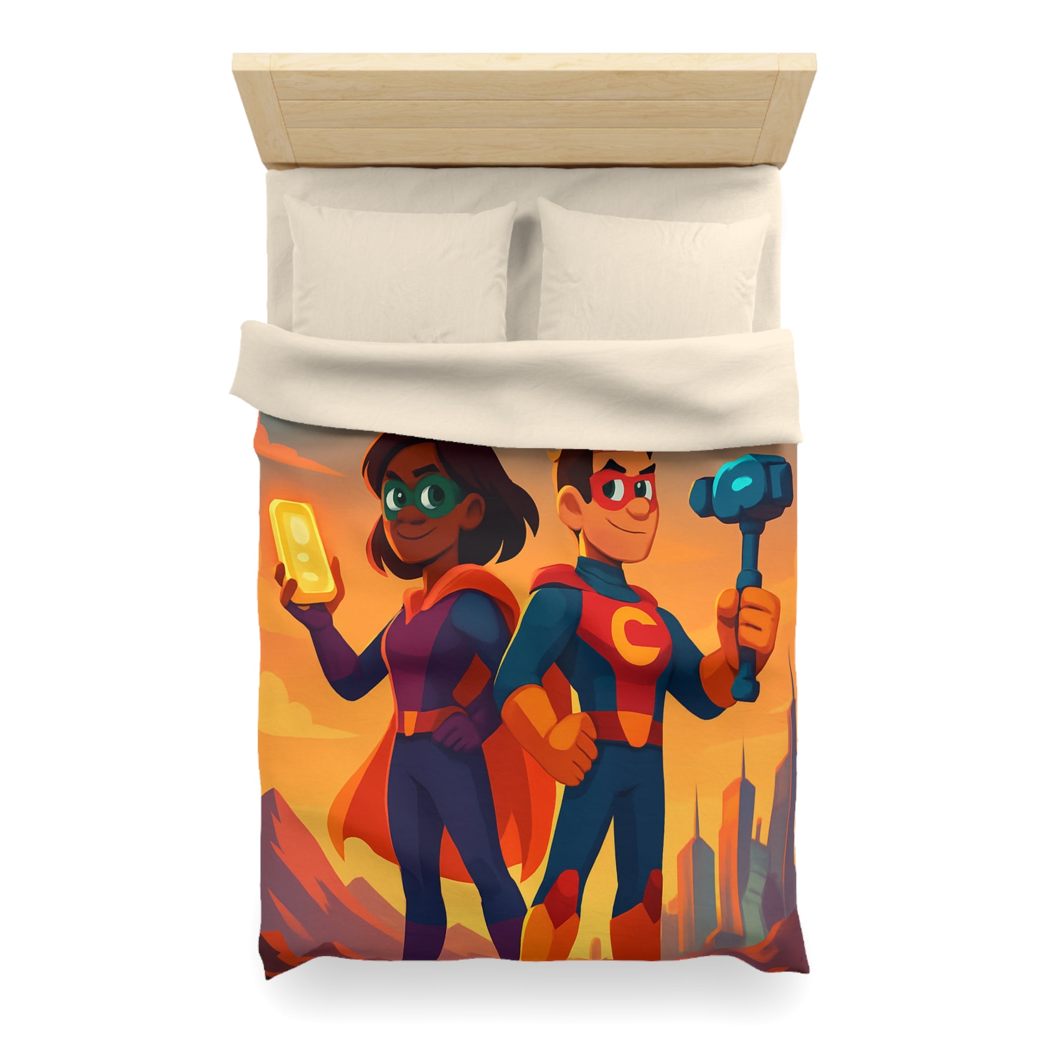 Super-héros Enfantins avec Drones dans Paysage Urbain Coloré Crépusculaire Illustré