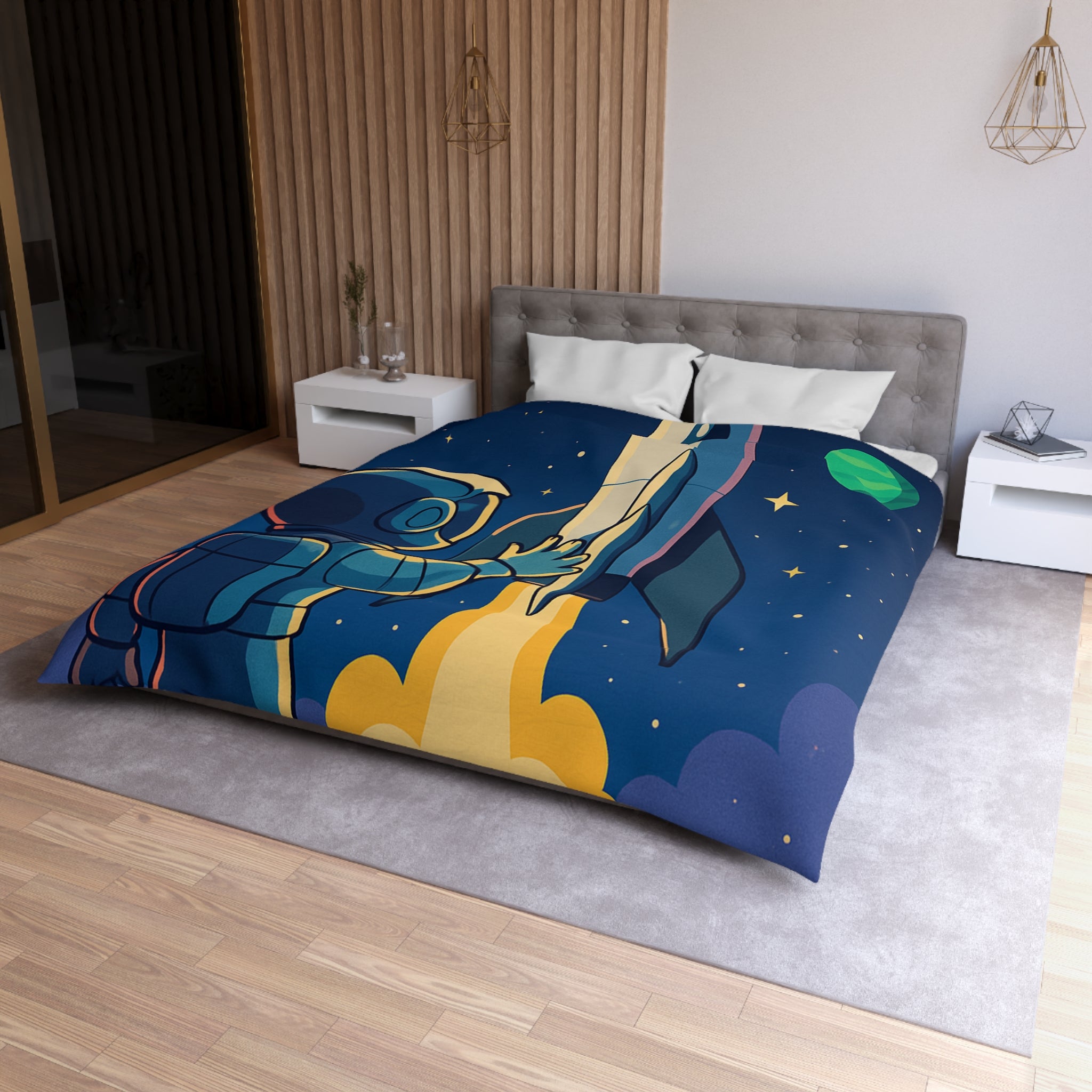 Housse de couette pour enfant avec design astronaute et fusée colorée dans l'espace