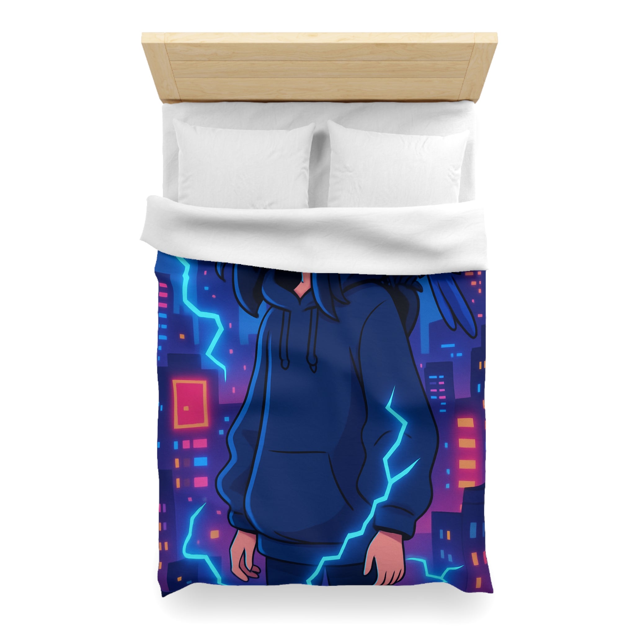 Tendance housse de couette bleu foncé avec motif urbain et perroquet électrique