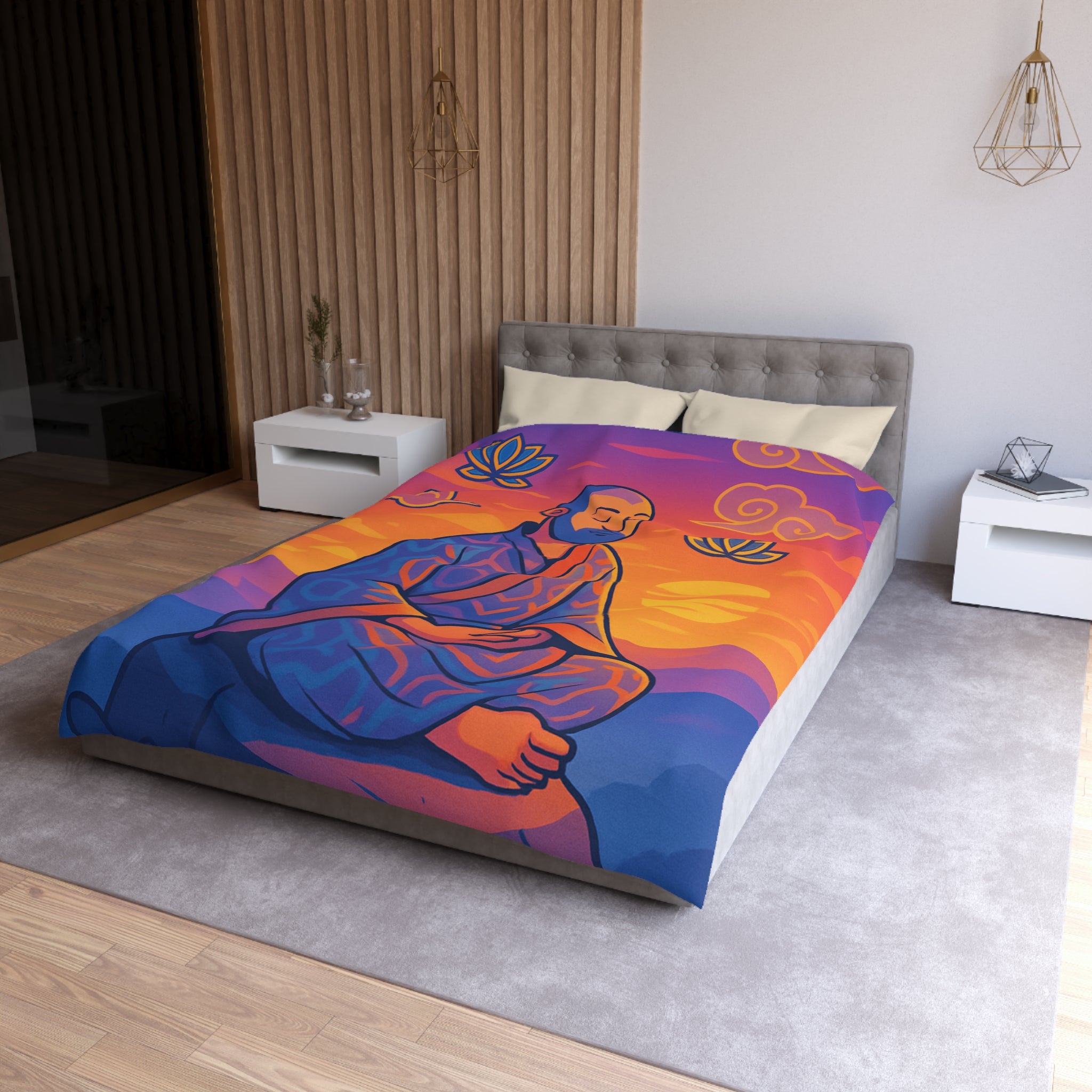 Housse de Couette Zen Moine Méditant au Coucher de Soleil Avec Fleurs de Lotus
