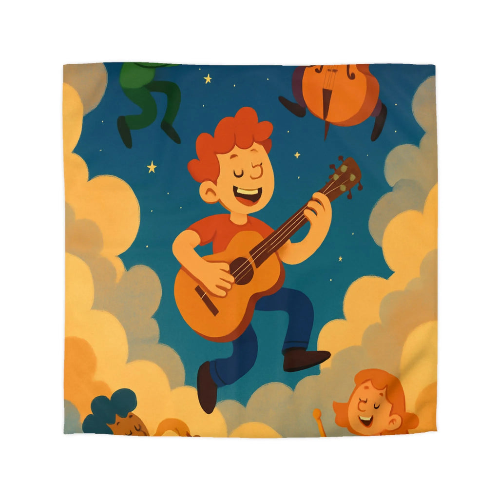 Housse de couette colorée avec musiciens joyeux flottant parmi les nuages étoilés