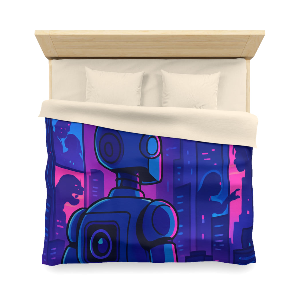 Séduisante housse de couette futuriste robot bleu néons drones anime horizon nuit