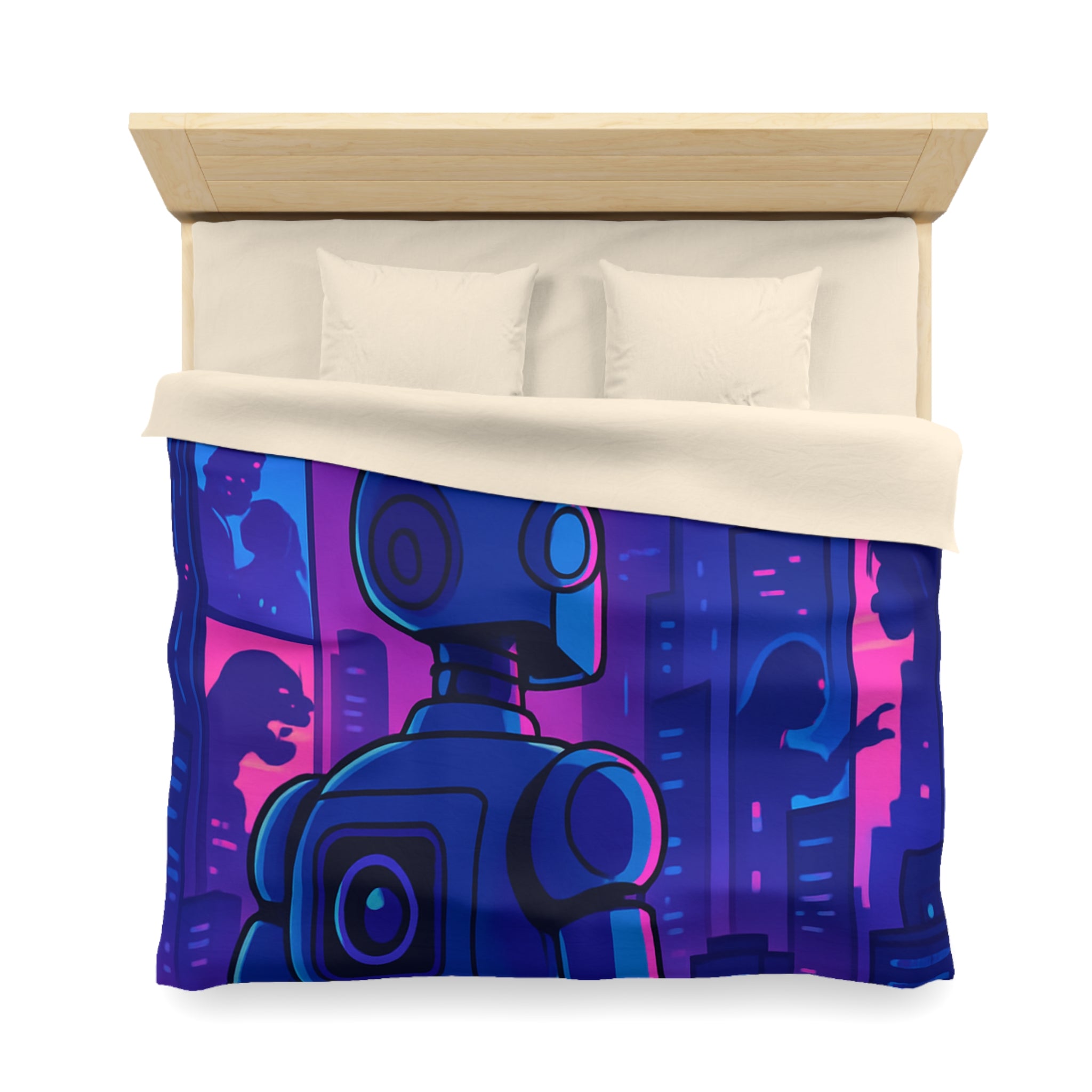 Séduisante housse de couette futuriste robot bleu néons drones anime horizon nuit