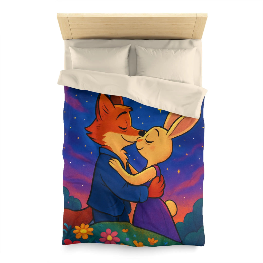 Housse de couette avec renard et lapin amoureux sous ciel étoilé romantique