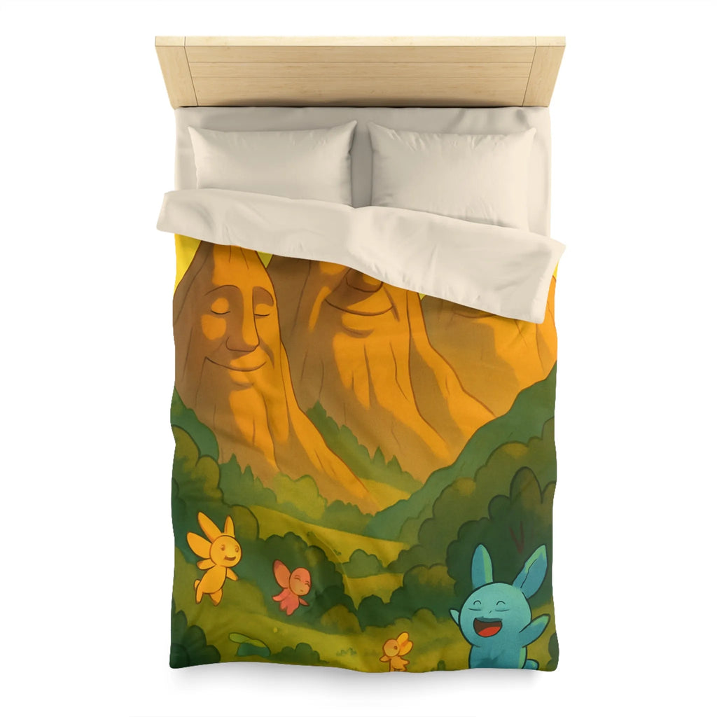 Housse de couette enfantine avec créatures en forêt sous montagnes souriantes au coucher de soleil