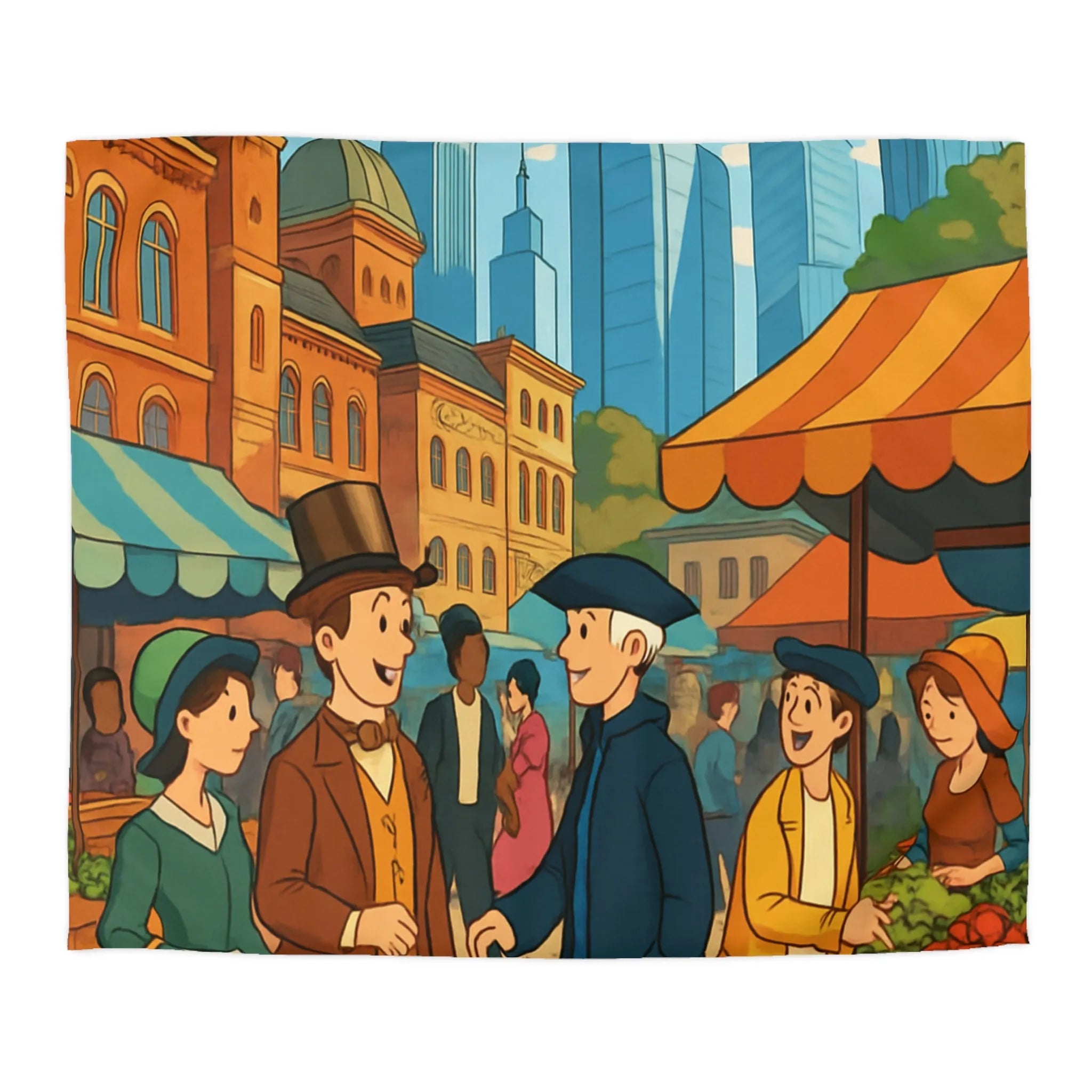 Housse de couette illustrée style rétro avec scène de marché urbain animé