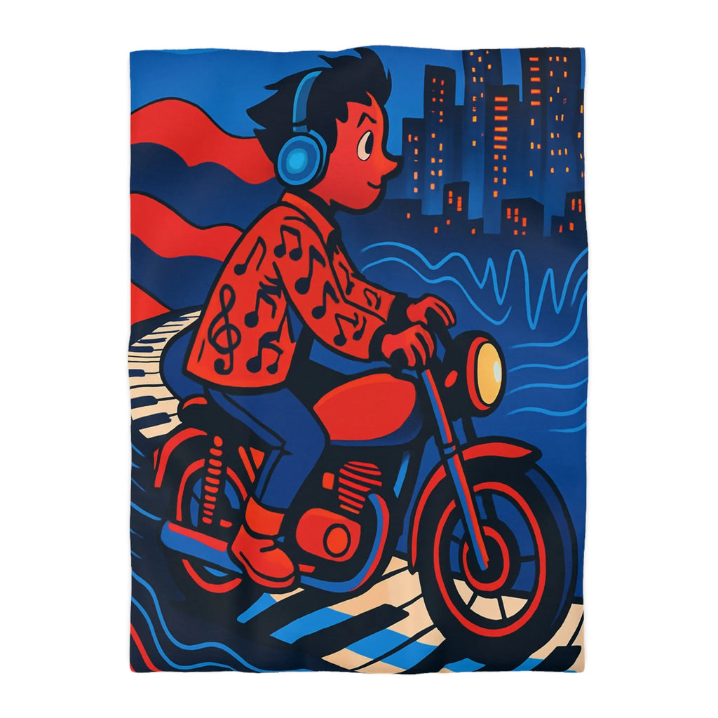 Housse de Couette Design Moderne: Motard Musicien dans Ville Lumineuse et Colorée