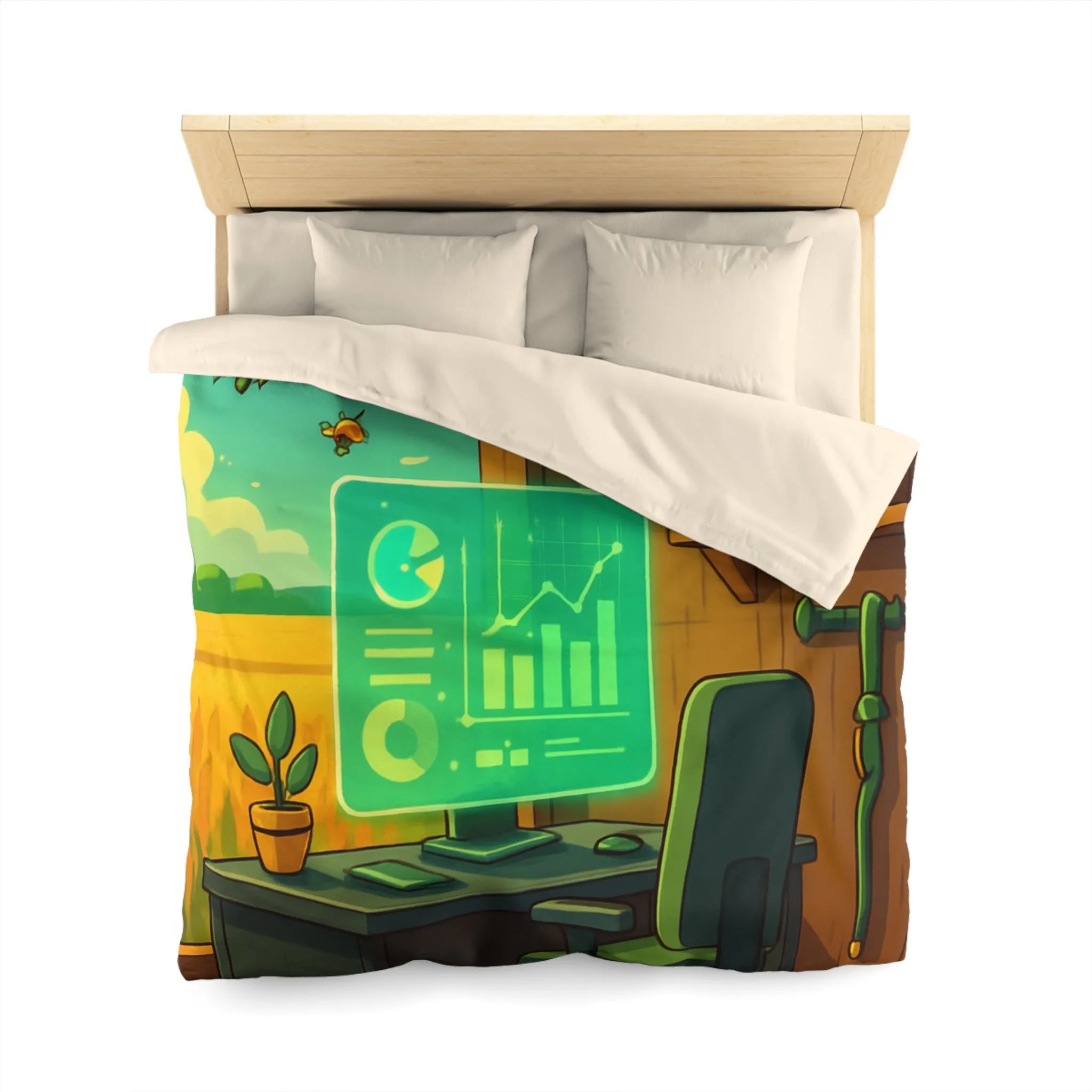Housse de couette avec design moderne d'abeilles et station de travail futuriste