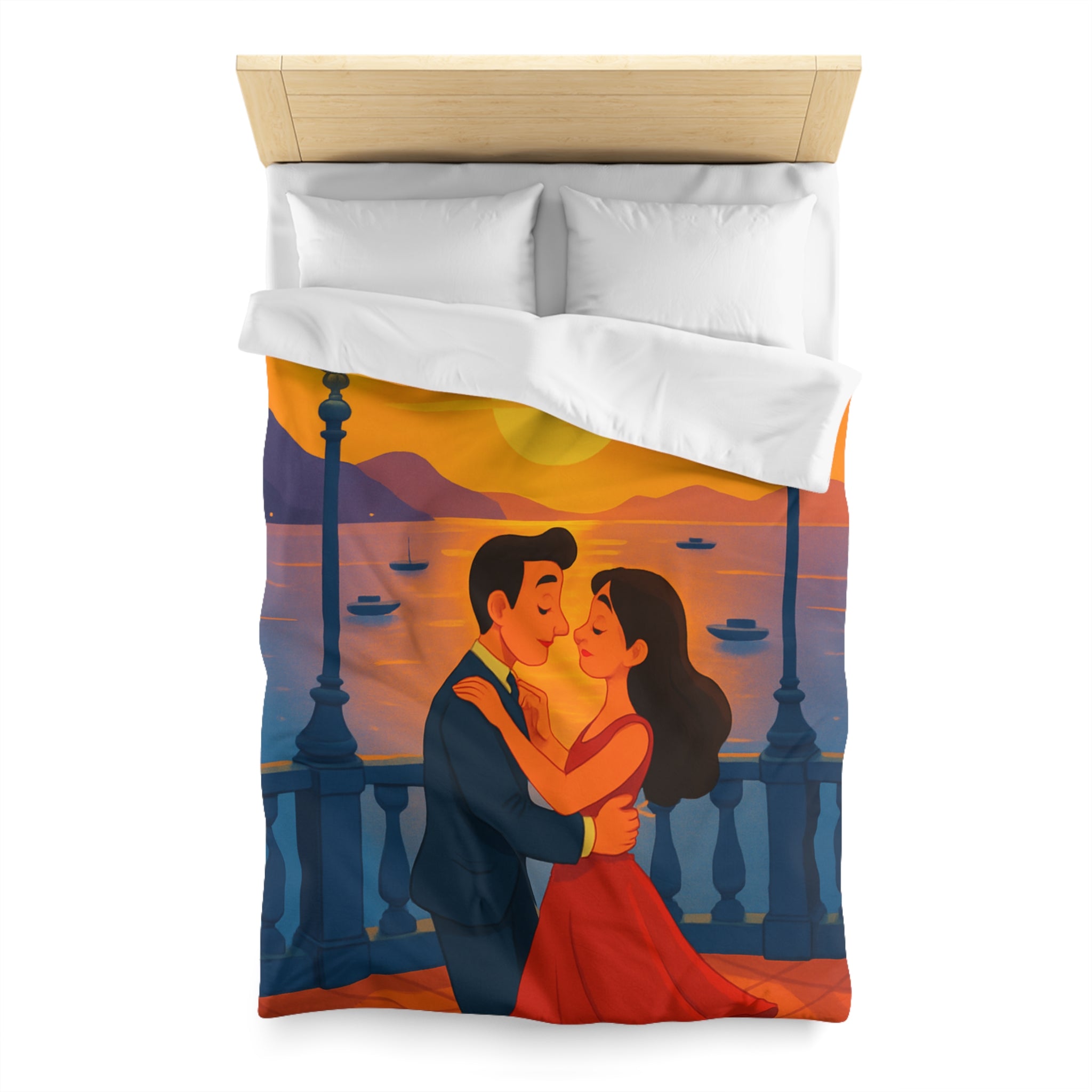 Housse de couette romantique coucher de soleil couple dansant au bord de mer