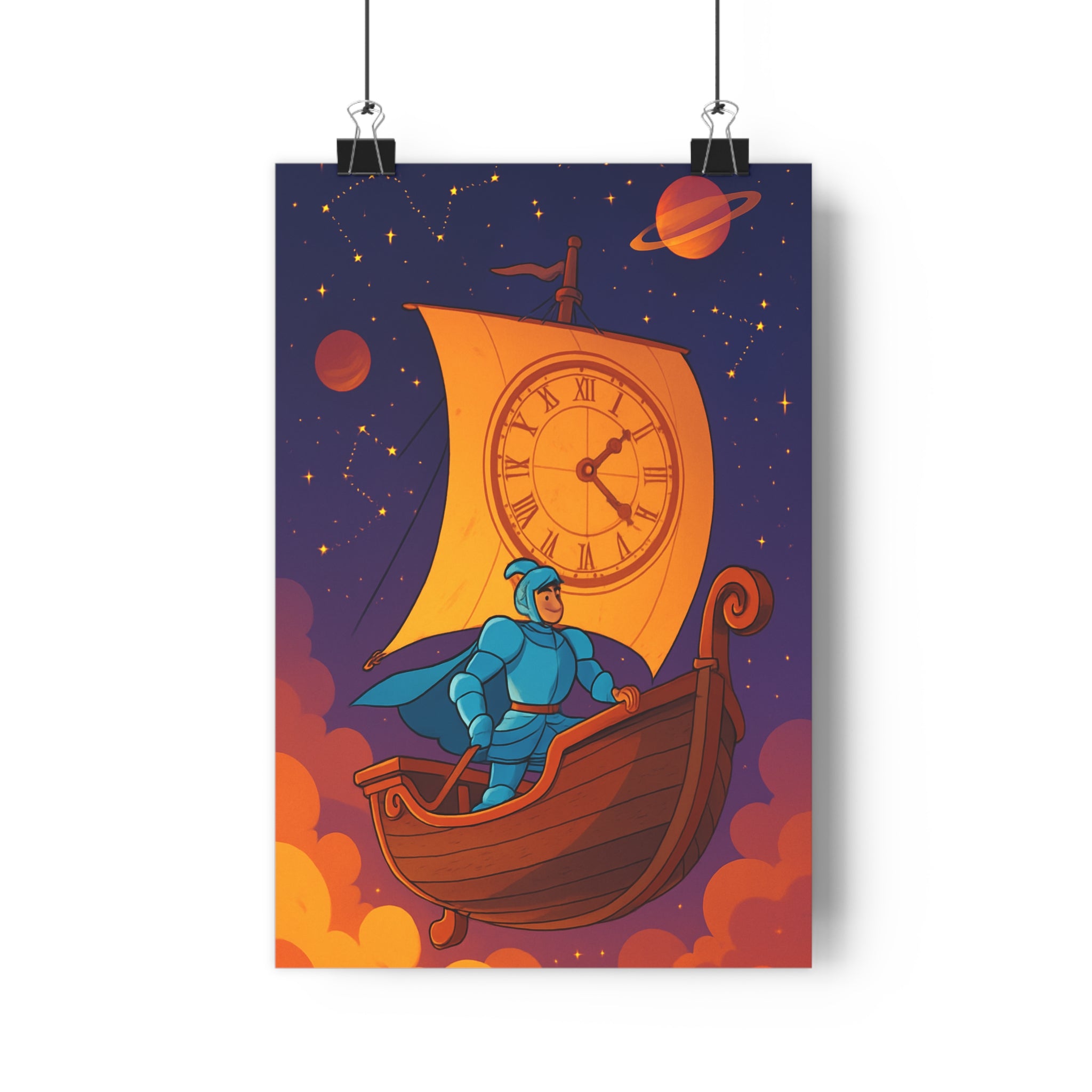 Poster décoratif épique chevalier aventure ciel étoilé violet salon chambre ambiance intemporelle bois qualité