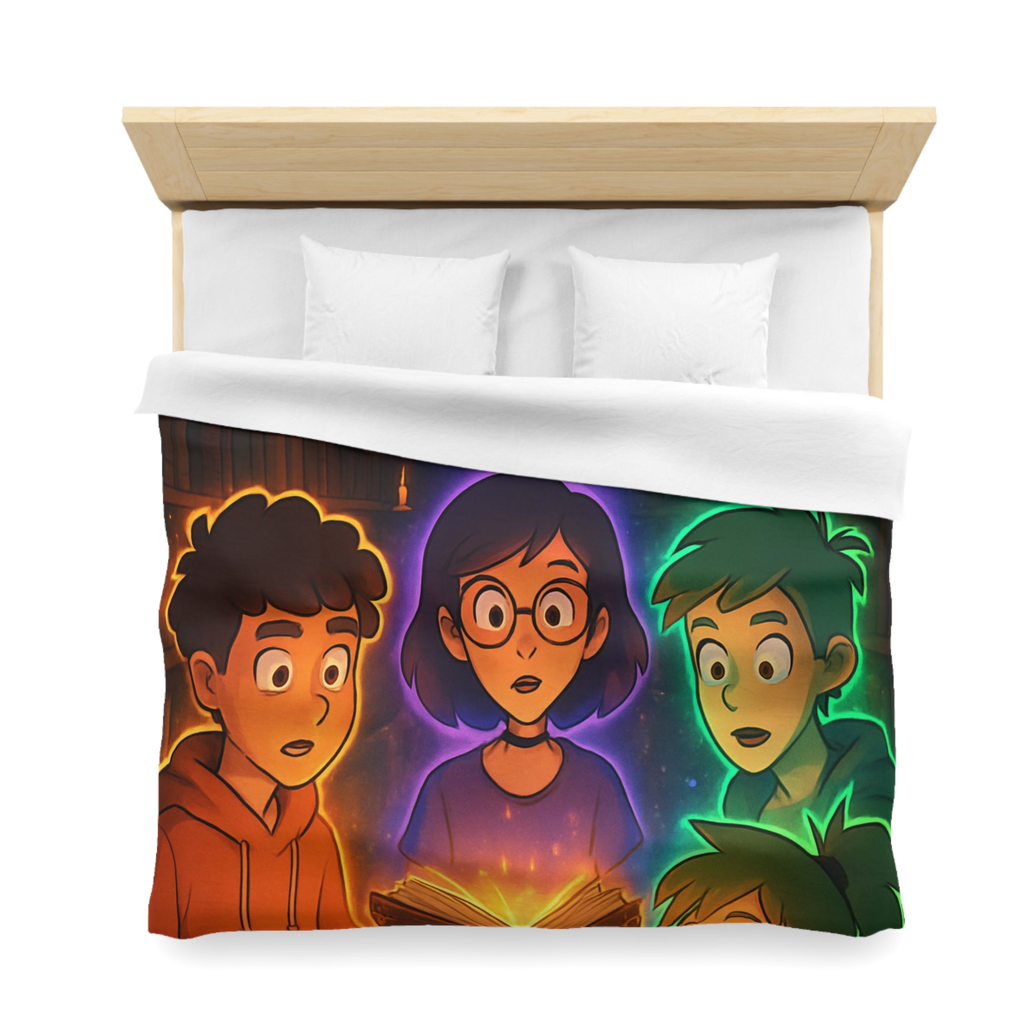 Housse de Couette Mystérieuse avec Enfants Découvrant Livre Magique dans Bibliothèque Enchantée