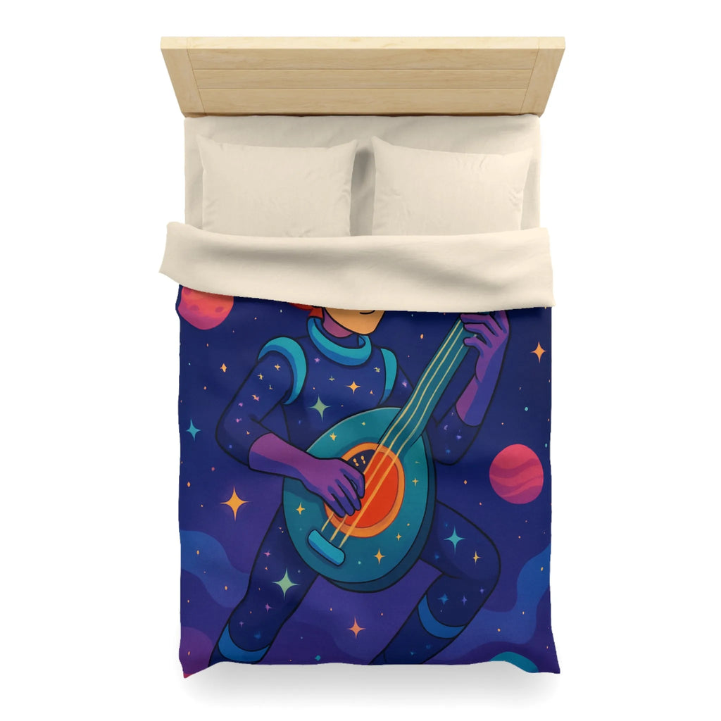 Housse de couette artistique espace avec musicien, planètes et comète colorée