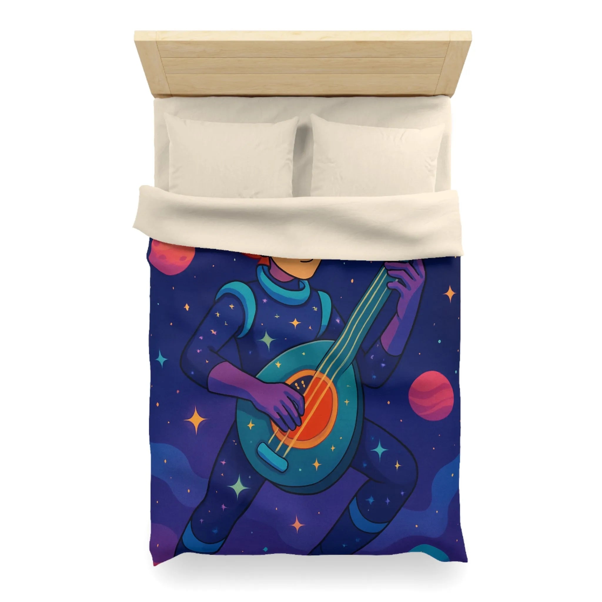 Housse de couette artistique espace avec musicien, planètes et comète colorée