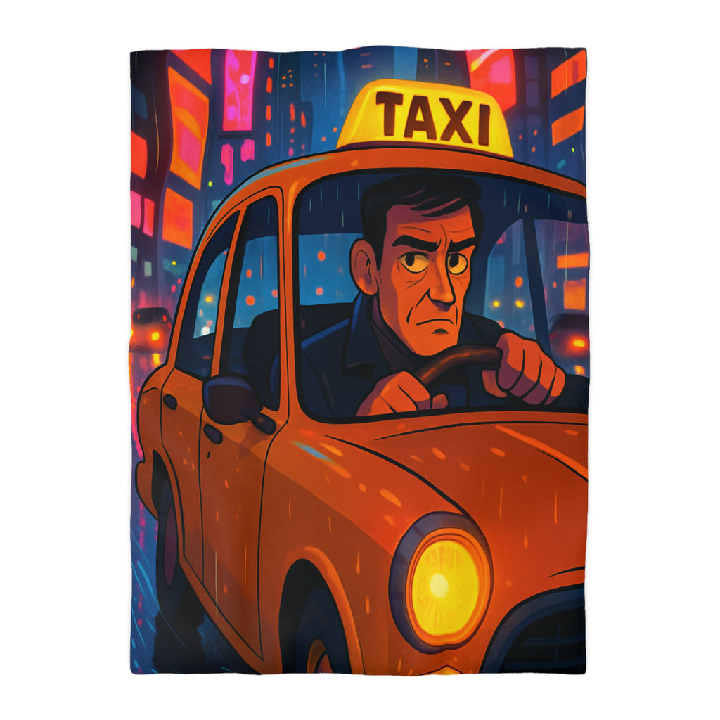 Illustration Nocturne Métropole avec Chauffeur de Taxi sous Pluie pour Housse de Couette