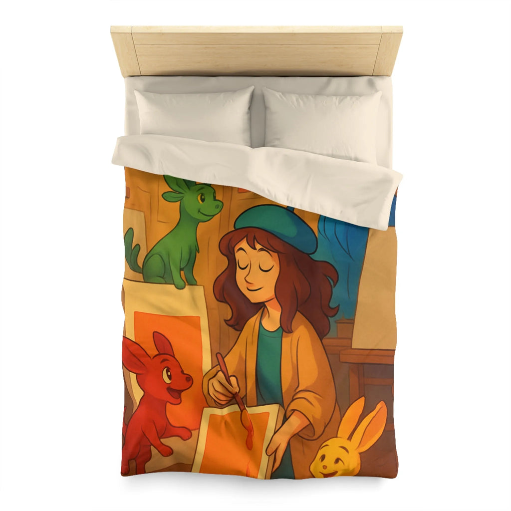 Housse de couette colorée avec artiste et animaux en studio d'art lumineux