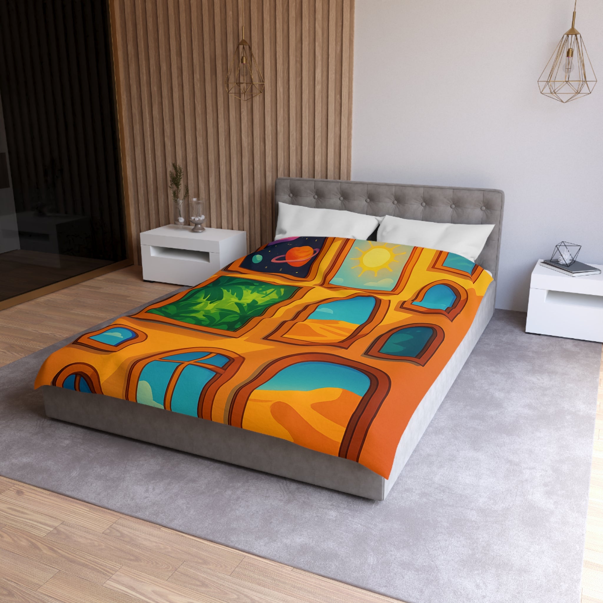 Housse de couette vibrante avec fenêtres sur l'univers et paysages exotiques