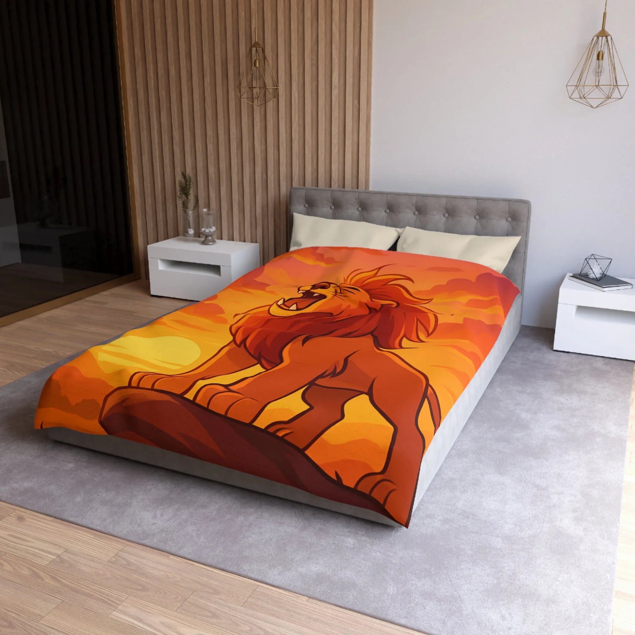 Housse de couette illustrée lion majestueux sur fond de coucher de soleil vibrant