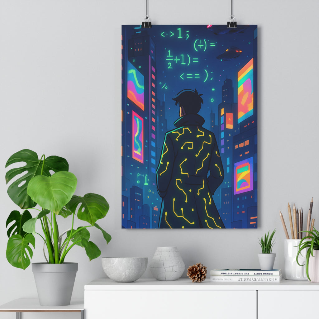 Poster décoratif futuriste urbain néon bleu rose orange mystérieux technologie salon chambre moderne dynamique